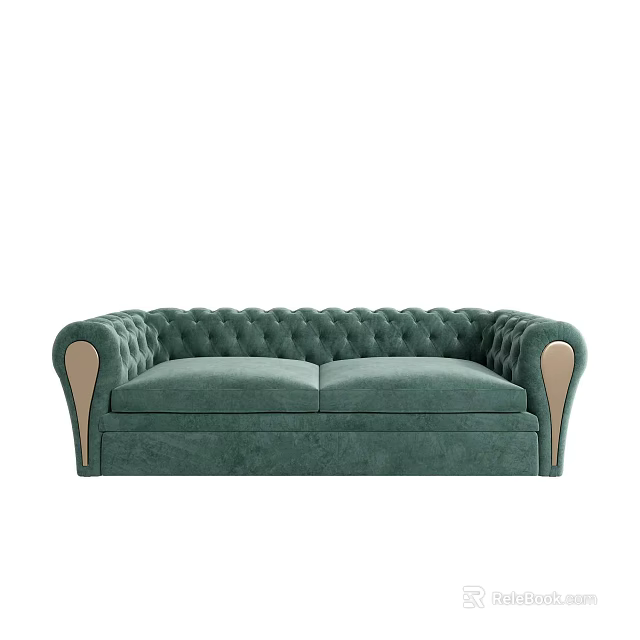 Elegant Green Two Seater Sofa With Button Tufted Backrest And Wooden Armrests 3d model