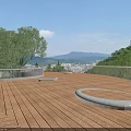 Garden Landscape Wooden Deck Circular Stone Features Railing Trees Distant Mountains City View Clear Sky