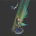 Mythical Warrior Figure With Small Flying Creature Blue Glowing Wings Golden Accents Illuminated Base
