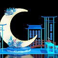 Blue Themed Crescent Moon Decor With Chinese Style Structures And Floral Accents