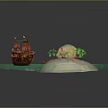 Cartoon Scenic Pirate Ship With Red Striped Sails Near Tropical Island And Blue Ocean