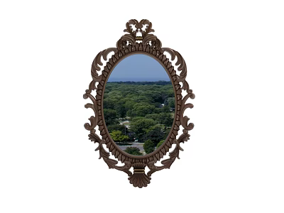 Ornate Oval Mirror With Carved Frame Reflecting Green Forest View 3d model