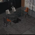 Modern Dining Table Set With Marble Patterned Top Gray Orange Chairs And Geometric Black Base 3d model