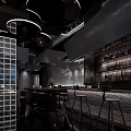 Modern Bar Interior With Dark Wooden Walls Decorative Lamps And High Stools