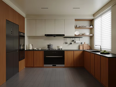 Modern Kitchen Interior Design With White Upper Wooden Cabinets And Black Appliances 3d model