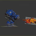 Blue Mech Warrior Character With Flamethrower And Gun Firing Flames On Textured Base