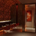 Stylish Restaurant Interior Design With Red Decorative Wall Wooden Staircase And Bar Counter Warm Lighting