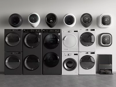 Black and White Washing Machines with Various Styles Arranged Together 3d model