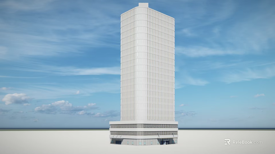 Modern White High Rise Office Building With Glass Base Against Blue Sky 3d model 