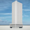 Modern White High Rise Office Building With Glass Base Against Blue Sky