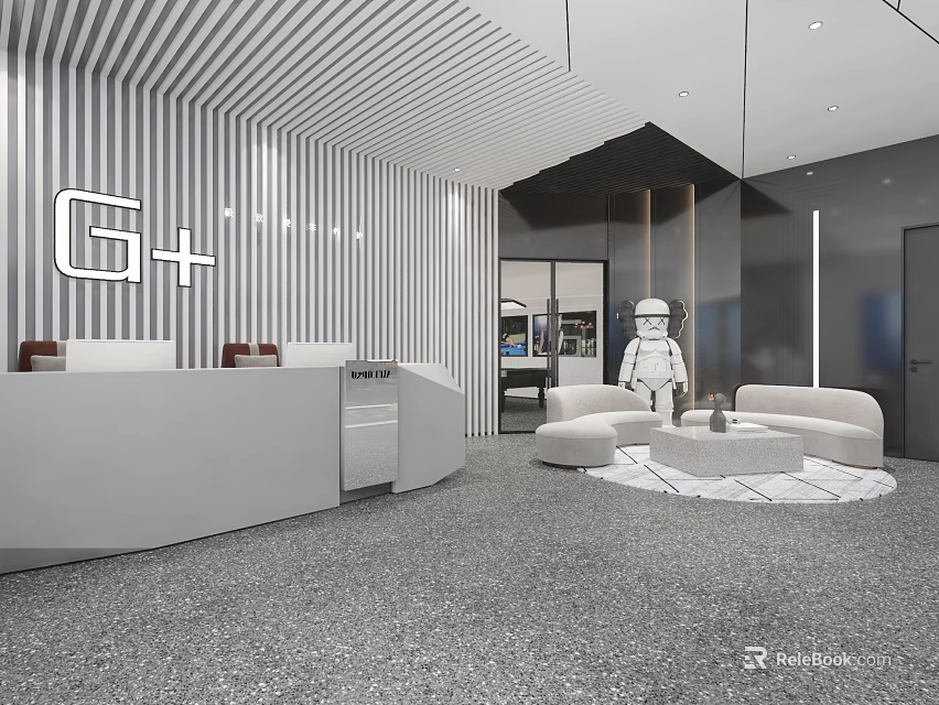 Modern Interior Reception Area With G+ Logo Sofa And Robot Model Design 3d model