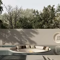 Modern Garden Landscape With Circular Seating Water Pool And Green Trees 3d model