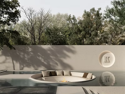 Modern Garden Landscape With Circular Seating Water Pool And Green Trees 3d model