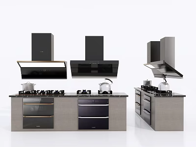 Modern Kitchen Appliances Featuring Range Hoods Stoves Ovens And Cabinet Countertops 3d model