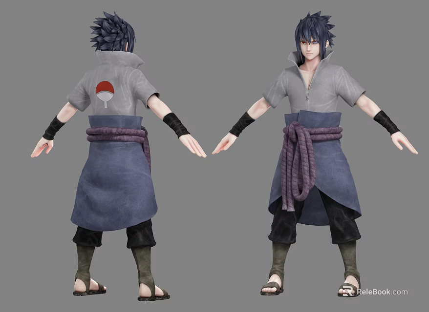 Anime Character Design Front And Back View With Gray Shirt Purple Sash Red Symbol 3d model 