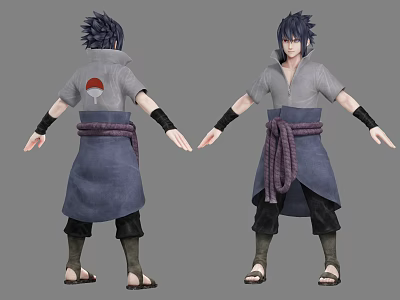 Anime Character Design Front And Back View With Gray Shirt Purple Sash Red Symbol 3d model