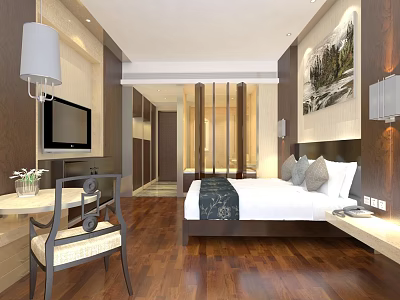Elegant Hotel Guest Room With Wooden Floor TV Bed Table Chair Chandelier And Painting 3d model