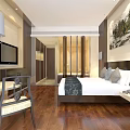 Elegant Hotel Guest Room With Wooden Floor TV Bed Table Chair Chandelier And Painting