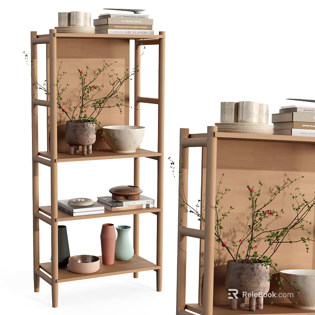 Minimalist Wooden Storage Shelf With Decorative Vases Books Bowls And Potted Plants 3d model 