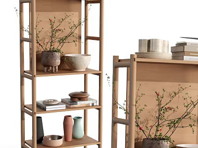 Minimalist Wooden Storage Shelf With Decorative Vases Books Bowls And Potted Plants 3d model