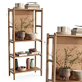 Minimalist Wooden Storage Shelf With Decorative Vases Books Bowls And Potted Plants
