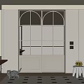 Minimalist Interior Design With Arched Glass Panes Sliding Door And Light Gray Cabinet