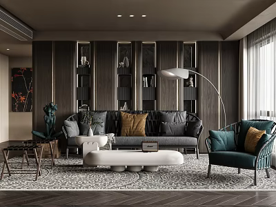 Modern Living Room Interior Design with Dark Wooden Walls Gray Sofa Green Armchair White Coffee Table Geometric Rug 3d model
