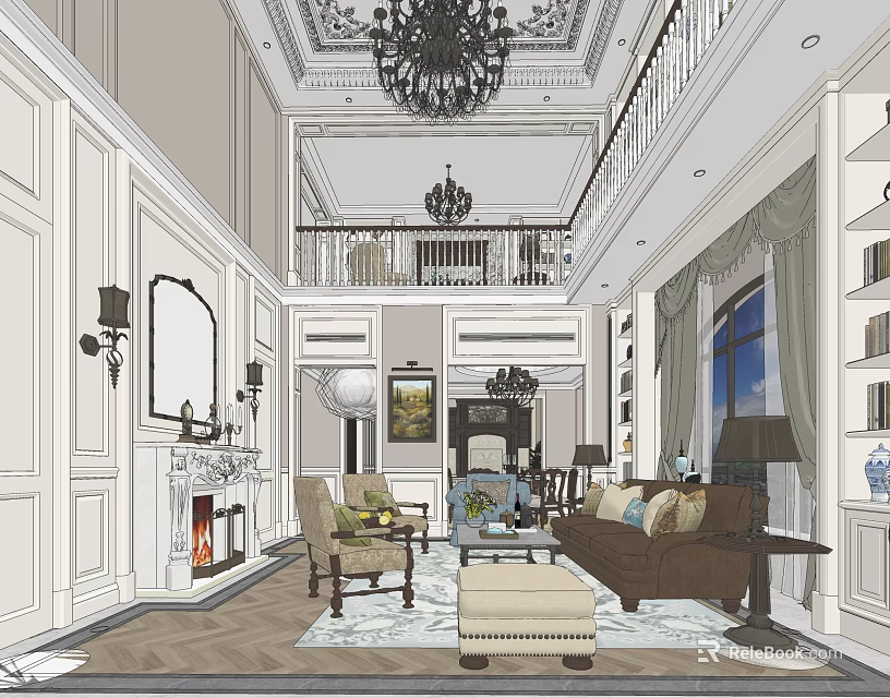Double Height Living Room Interior With Chandelier Fireplace Sofa Armchair And Curtained Windows 3d model 