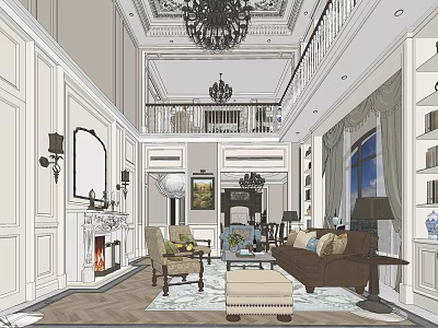 Double Height Living Room Interior With Chandelier Fireplace Sofa Armchair And Curtained Windows 3d model