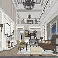 Double Height Living Room Interior With Chandelier Fireplace Sofa Armchair And Curtained Windows