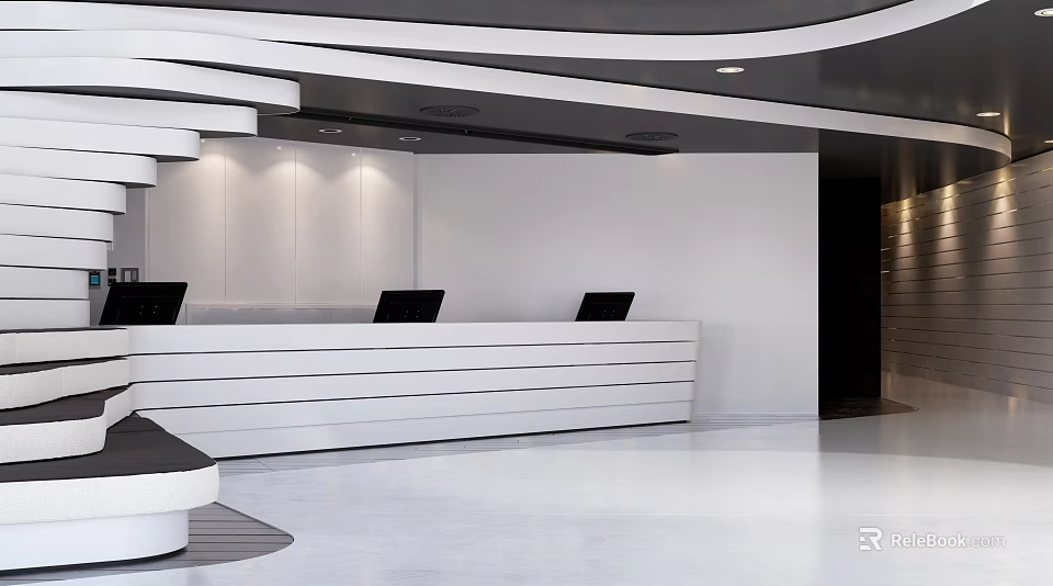 Modern Front Desk Reception Area With White Counter Multiple Computers Sleek Floor And Lighting Design 3d model