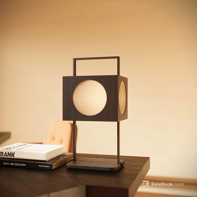 Square Frame Table Lamp With Circular Light Panels On Wooden Table And Books Chair 3d model 