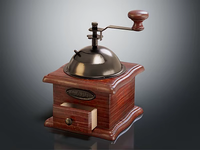 Retro Style Manual Coffee Grinder Wooden Base Kitchen Appliance With Metal Parts 3d model