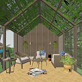 Garden Glasshouse With Vines Covered Roof Wooden Frame And Outdoor Seating