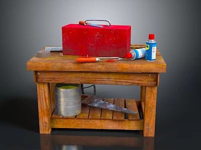 Wooden Workbench With Red Toolbox Hammer Screwdriver Orange Tool Blue Bottle And Metal Bucket 3d model