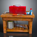 Wooden Workbench With Red Toolbox Hammer Screwdriver Orange Tool Blue Bottle And Metal Bucket