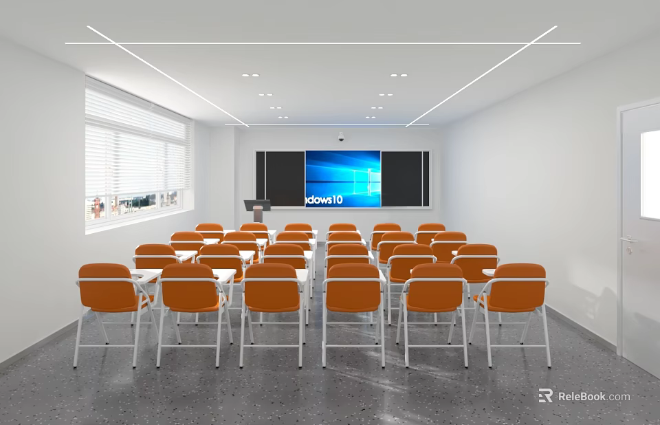 Modern Conference Room Interior with Orange Chairs Large Screen White Walls And Windows 3d model 