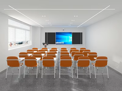 Modern Conference Room Interior with Orange Chairs Large Screen White Walls And Windows 3d model