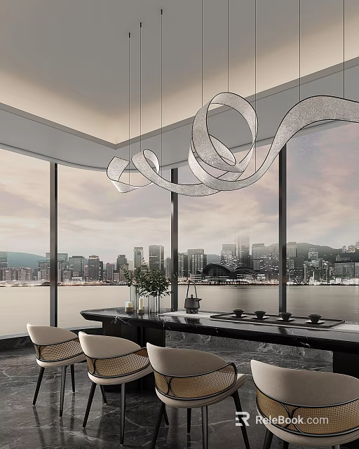 Modern Restaurant Interior With Large Windows City View And Pendant Lights 3d model 
