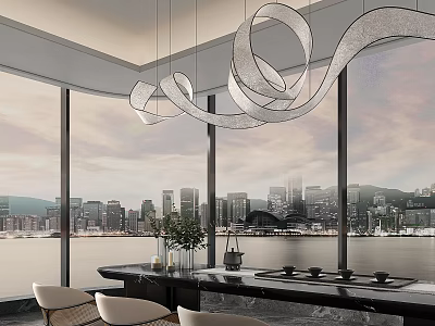 Modern Restaurant Interior With Large Windows City View And Pendant Lights 3d model