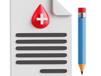 Medical Folder With Red Cross Blood Drop Icon And Blue Pencil For Health Records 3d model