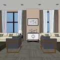 Modern Office Interior Design With Large Windows Sofa Chairs Coffee Table And Framed 3d model