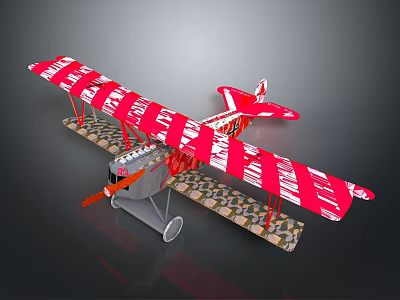 Red Biplane Model Toy With White Wing Patterns Gray Body Orange Propeller And Checkerboard Base 3d model