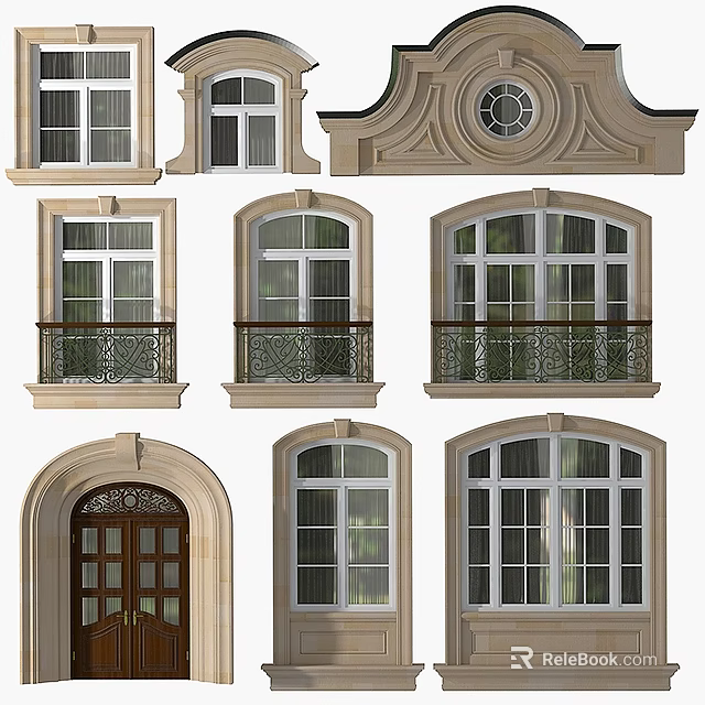 Various Architectural Casement Windows With Arched Tops And Decorative Railings 3d model 