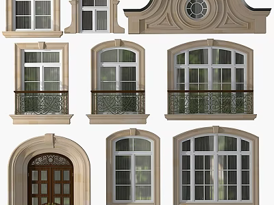 Various Architectural Casement Windows With Arched Tops And Decorative Railings 3d model