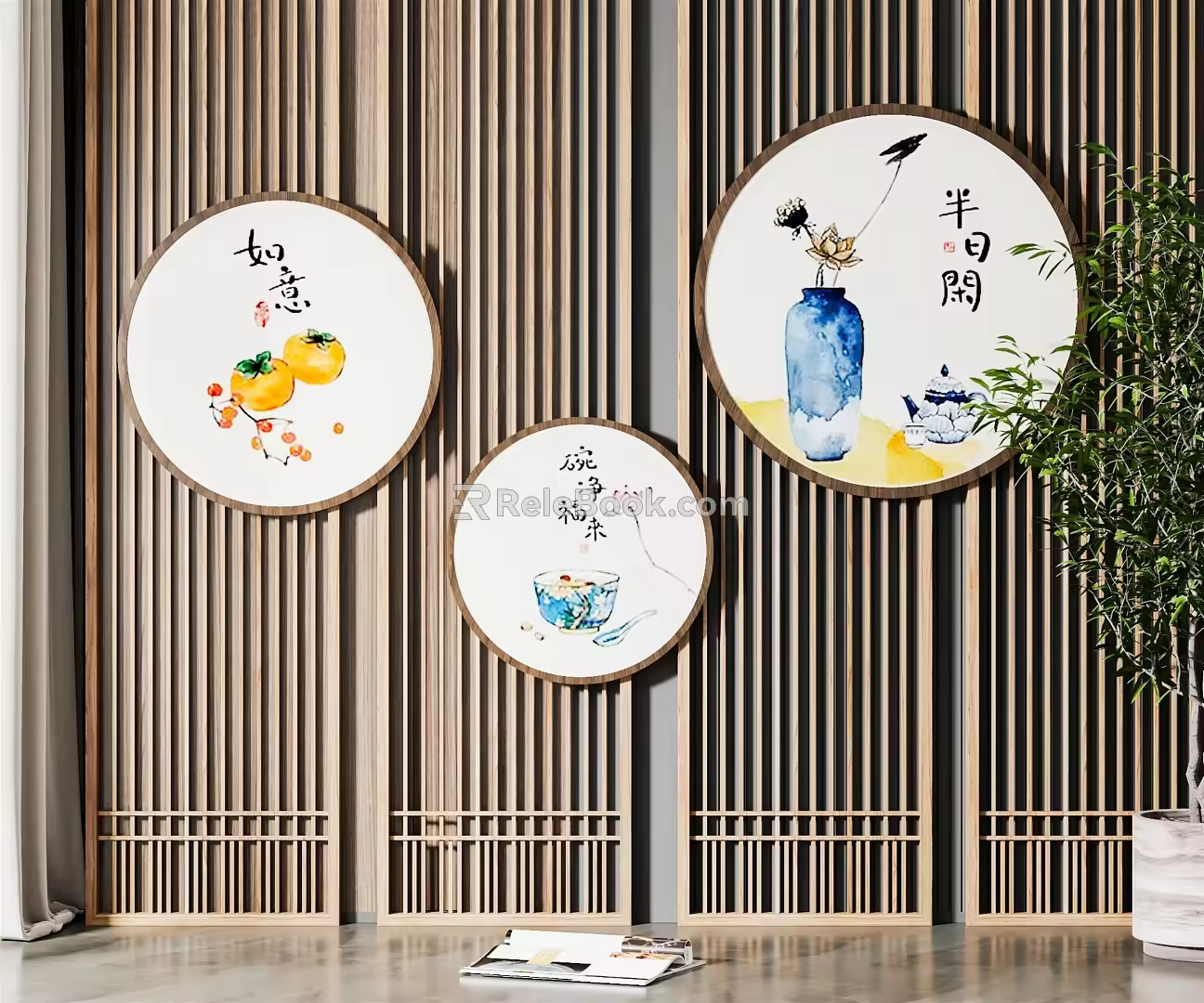 New Chinese Style Round Frame Painting Hanging Picture Combination 3d model