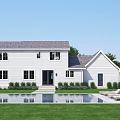 White Single Family House With Gray Roof Green Lawn And Porch Trees