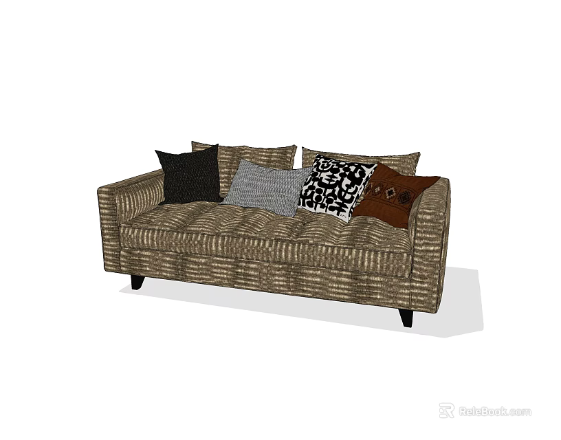 Brown Striped Sectional Sofa With Various Patterned Cushions And Black Legs 3d model