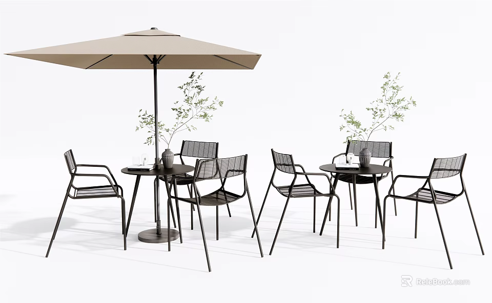 Outdoor Black Metal Table And Chair Set With Beige Umbrella And Plants 3d model 