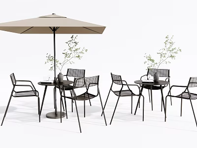 Outdoor Black Metal Table And Chair Set With Beige Umbrella And Plants 3d model